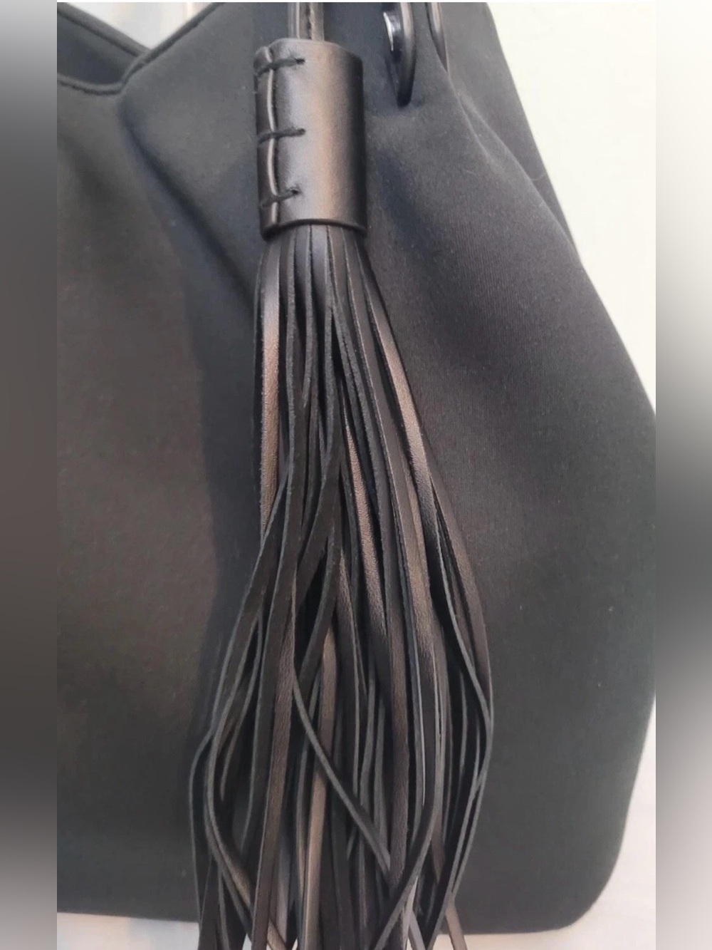Marla Wynne Tote Bag Black Neoprene with Leather Trim Adjustable Sides & Tassel - Picture 6 of 16